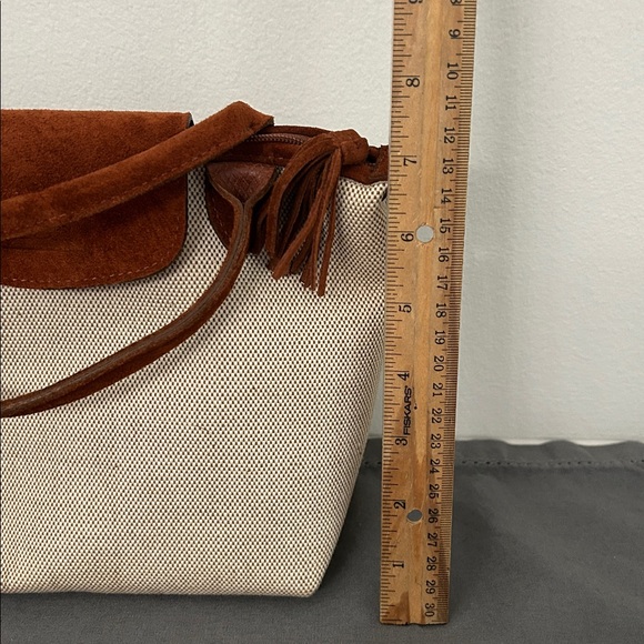 Vintage Longchamp Paris Cream Canvas Tote with Brown Suede Trim and Tassel - Picture 13 of 13